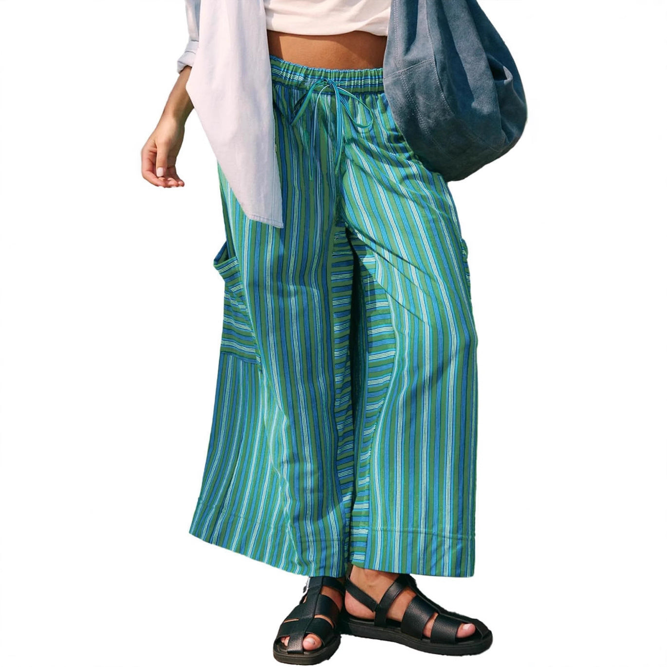Women’s Wide-Leg Trousers – Relaxed Fit – Vertical Stripes – Breathable Blend – Drawstring Waist