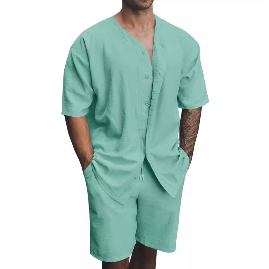 Men’s Two-Piece Set – V-Neck Button Shirt – Relaxed Fit Shorts – Breathable Cotton