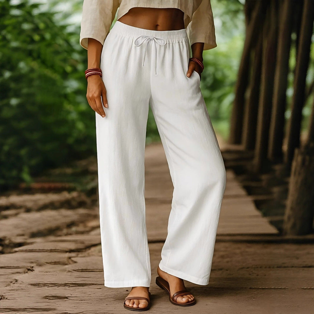 Women’s Wide Leg Trousers – Cotton Linen – Elastic Drawstring Waist – Relaxed Fit