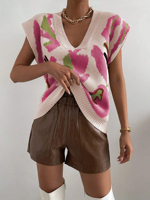 Women’s Knitted Vest – V-Neck – Loose Fit – Jacquard Pattern – Ribbed Hem