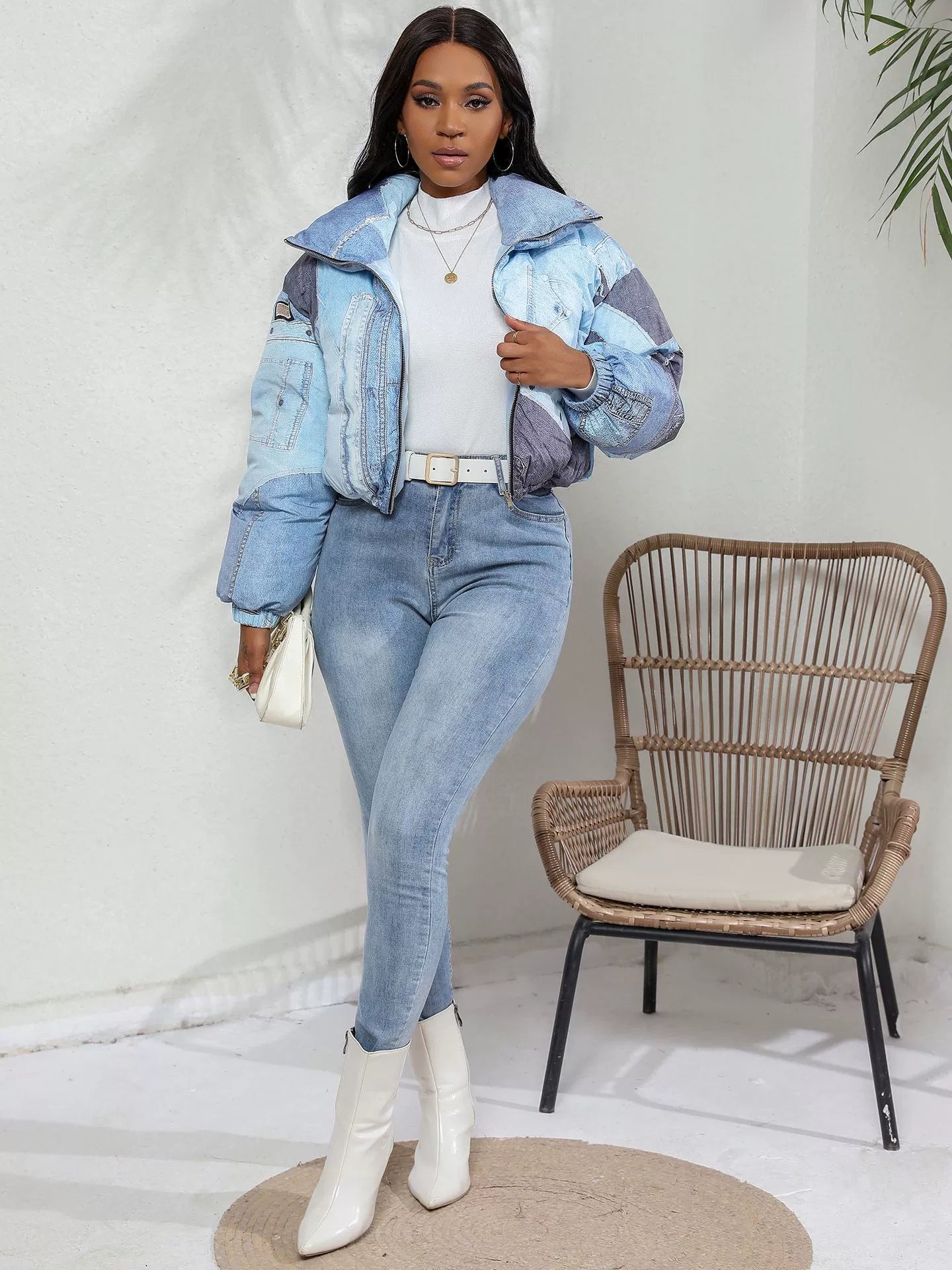 Women’s Jacket – Oversized Puffy Fit – Denim Look – Patchwork Design – Zip Front