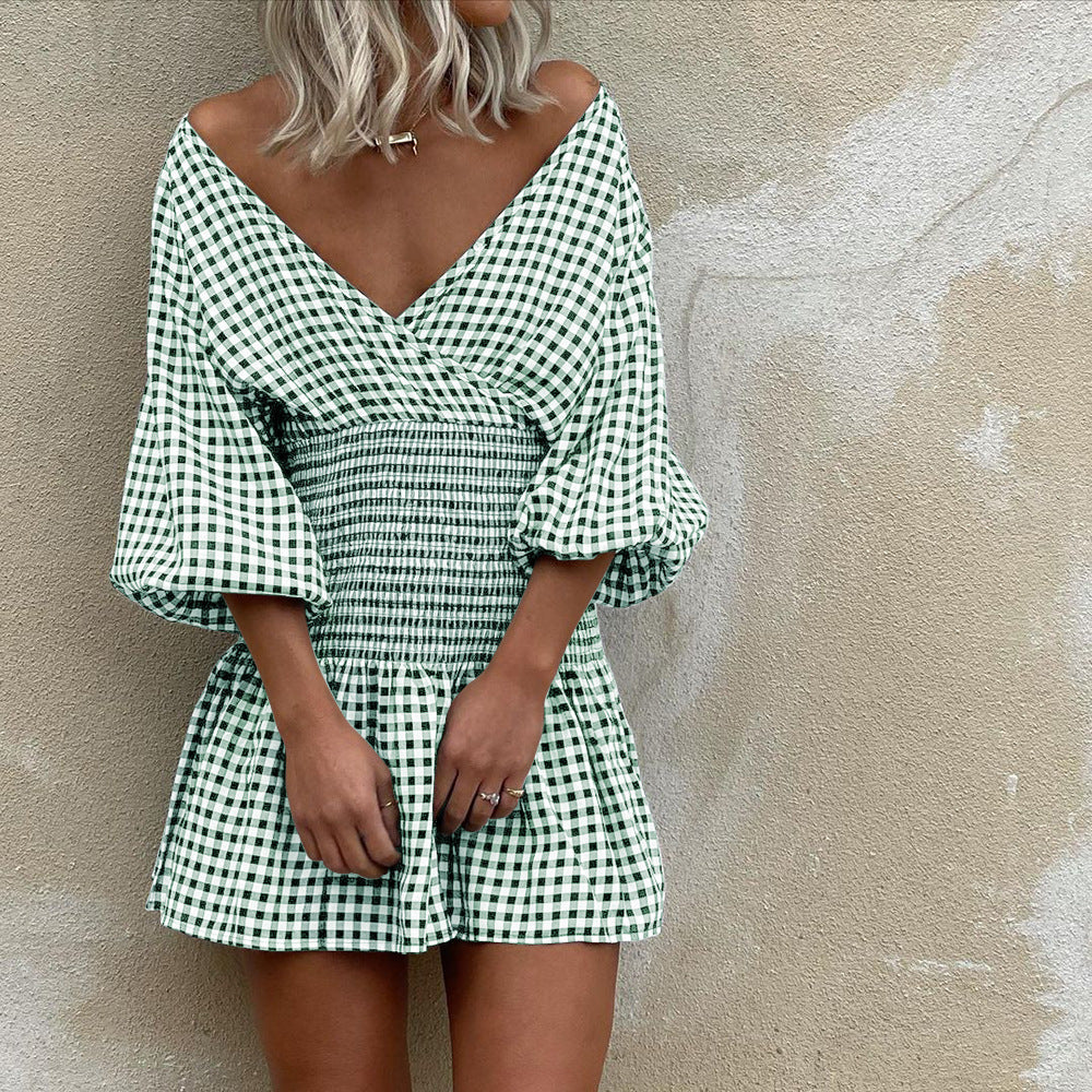 Women’s Mini Dress – Cotton Blend – V-Neck – Puff Sleeves – Gingham – Elastic Waist