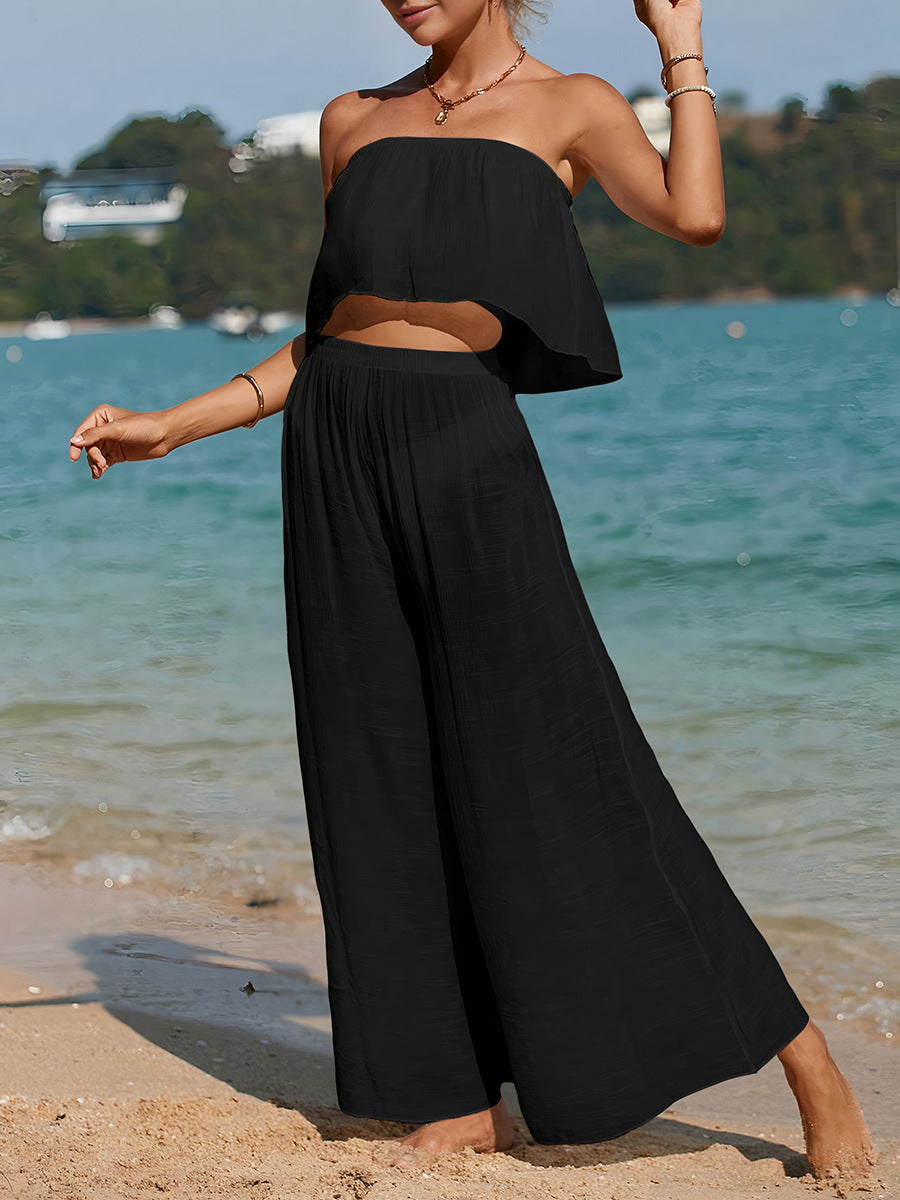 Women’s Two Piece Set – Strapless Crop Top – Wide Leg Trousers – Lightweight Breathable Fit