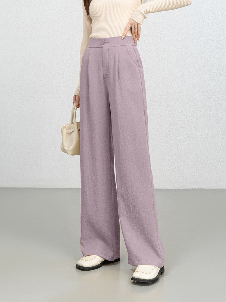 Women’s Wide-Leg Trousers – High Waist – Pleated Front – Full Length – Denim Texture