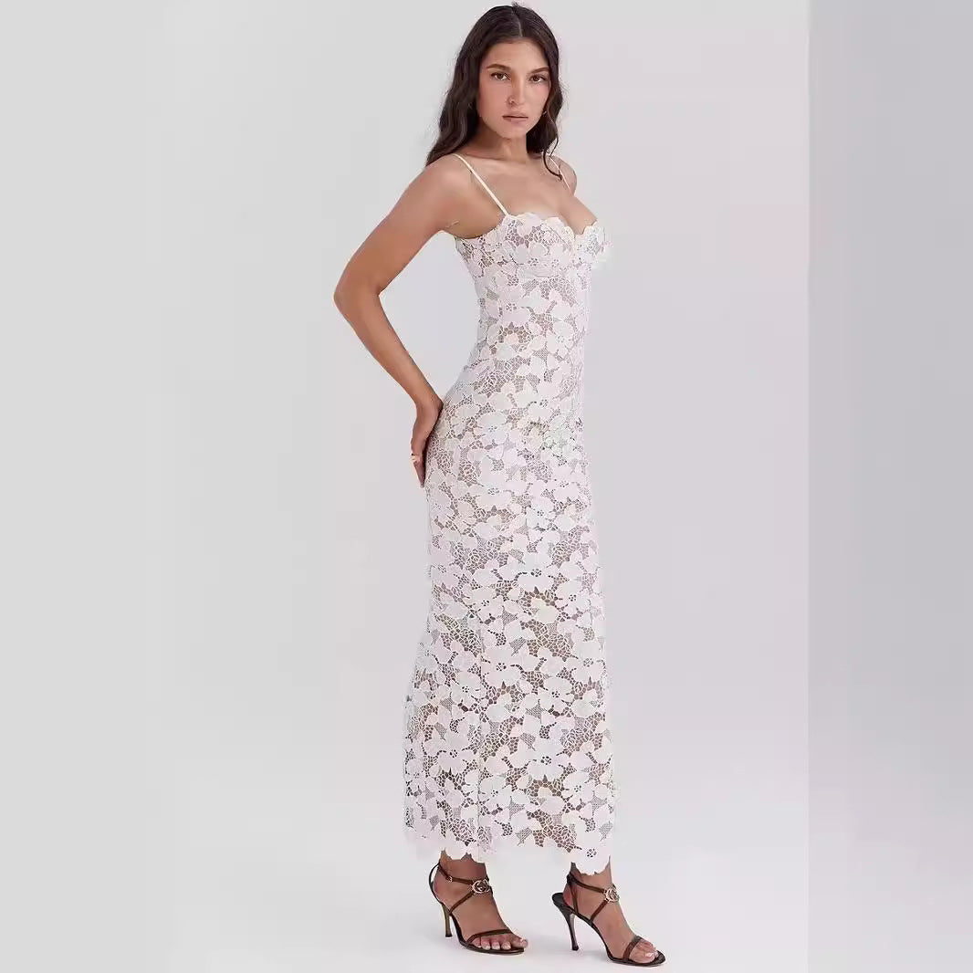 Women’s Slip Dress – Lace Fabric – Slim Fit – Sweetheart Neckline – Full Length Formal Wear