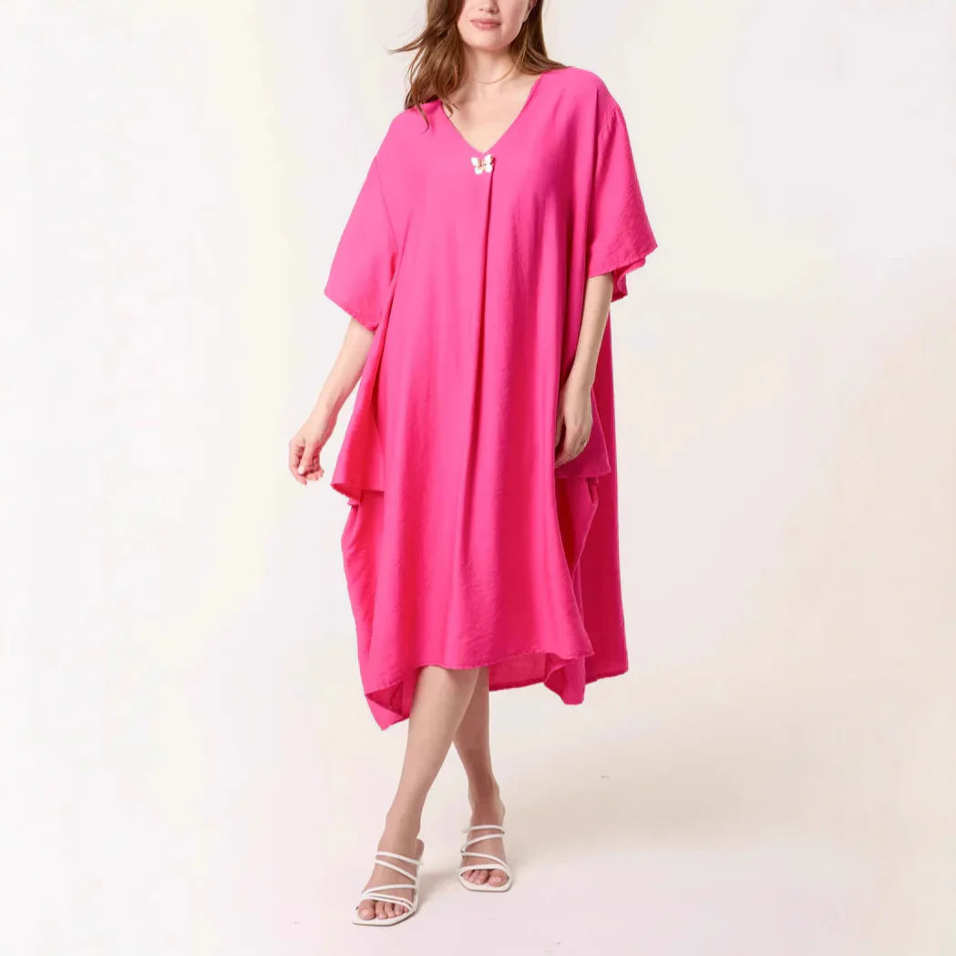 Women’s Tunic Dress – Relaxed Fit – V-Neck – Elbow Sleeve – Midi Length – Breathable Blend