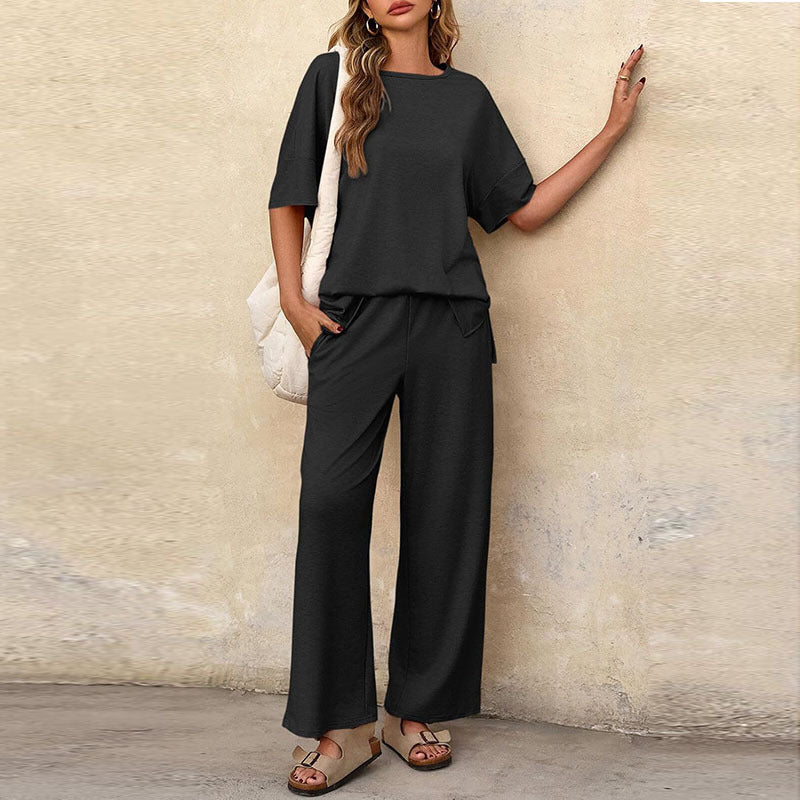 Women’s Two-Piece Set – Cotton Blend – Relaxed Fit – Short Sleeve Top & Wide-Leg Trousers