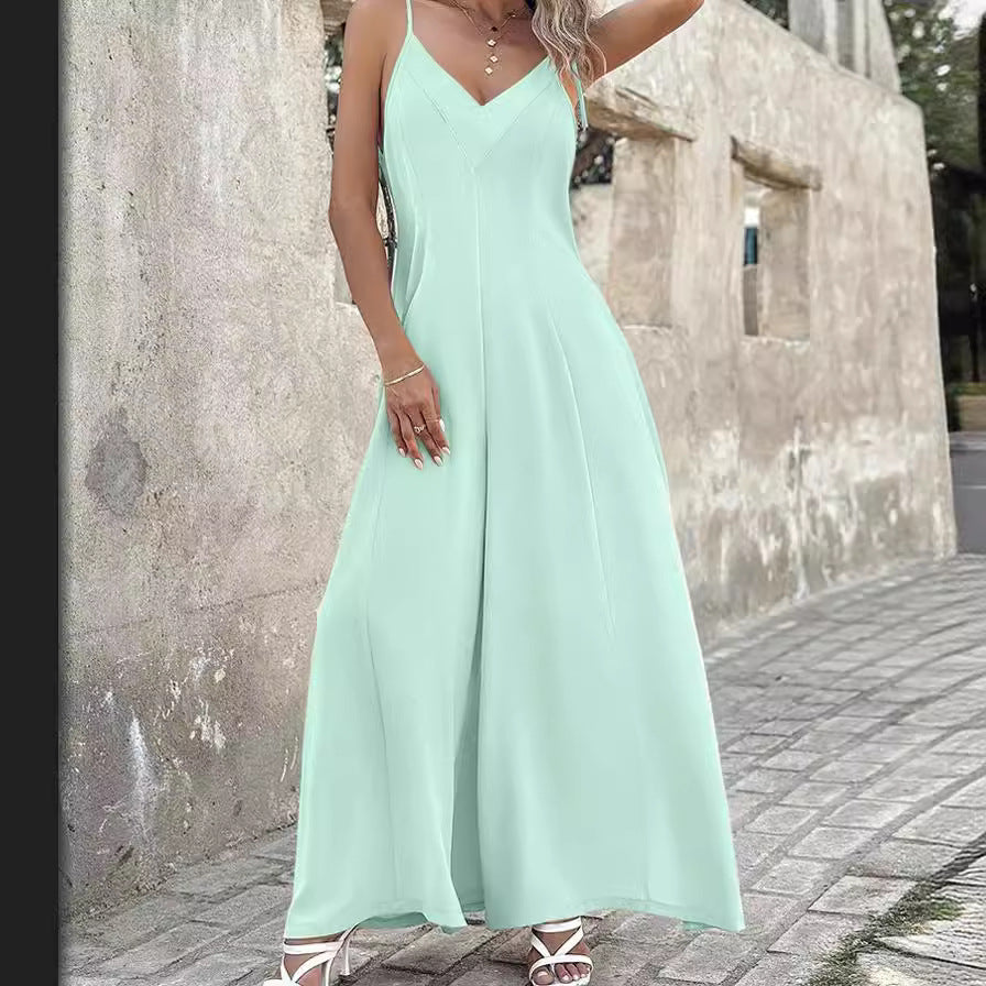 Women’s Jumpsuit – Wide Leg – Deep V-Neck – Spaghetti Straps – Cinched Waist – Relaxed Fit