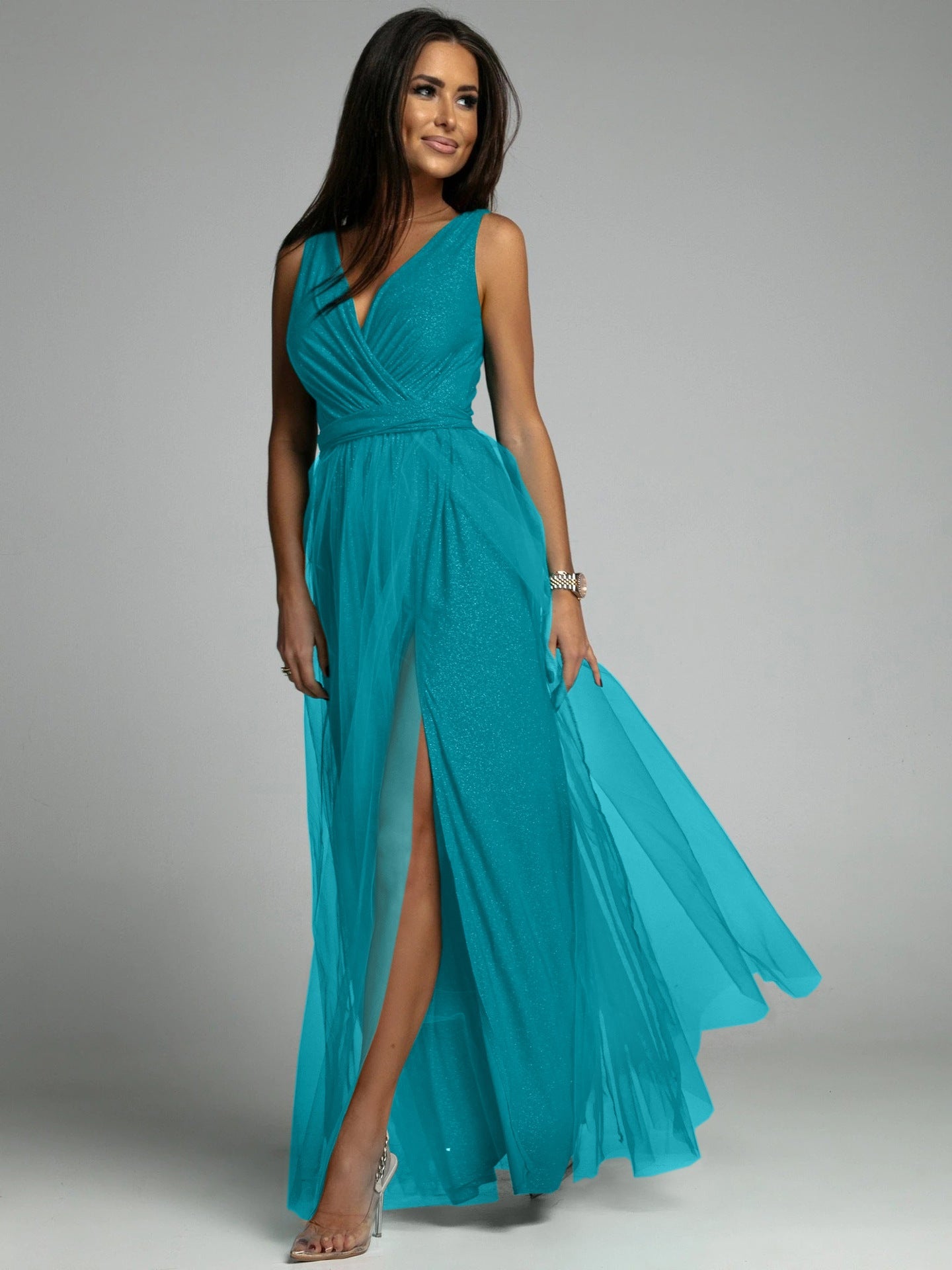 Women’s Evening Gown – Slim Fit – Deep V-Neck – High Slit – Pleated Shimmer Fabric