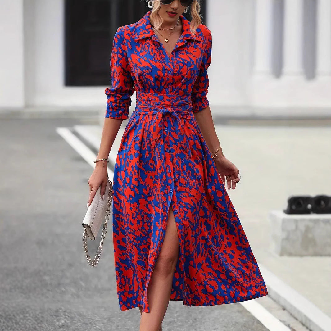 Women’s A-Line Dress – Button Down – Waist Tie – Midi Length – Breathable Blend