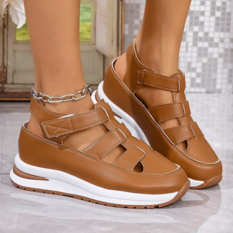 Women’s Wedge Sandals – Faux Leather – Closed Toe – Cut-Out – Velcro Strap – Cushioned Sole