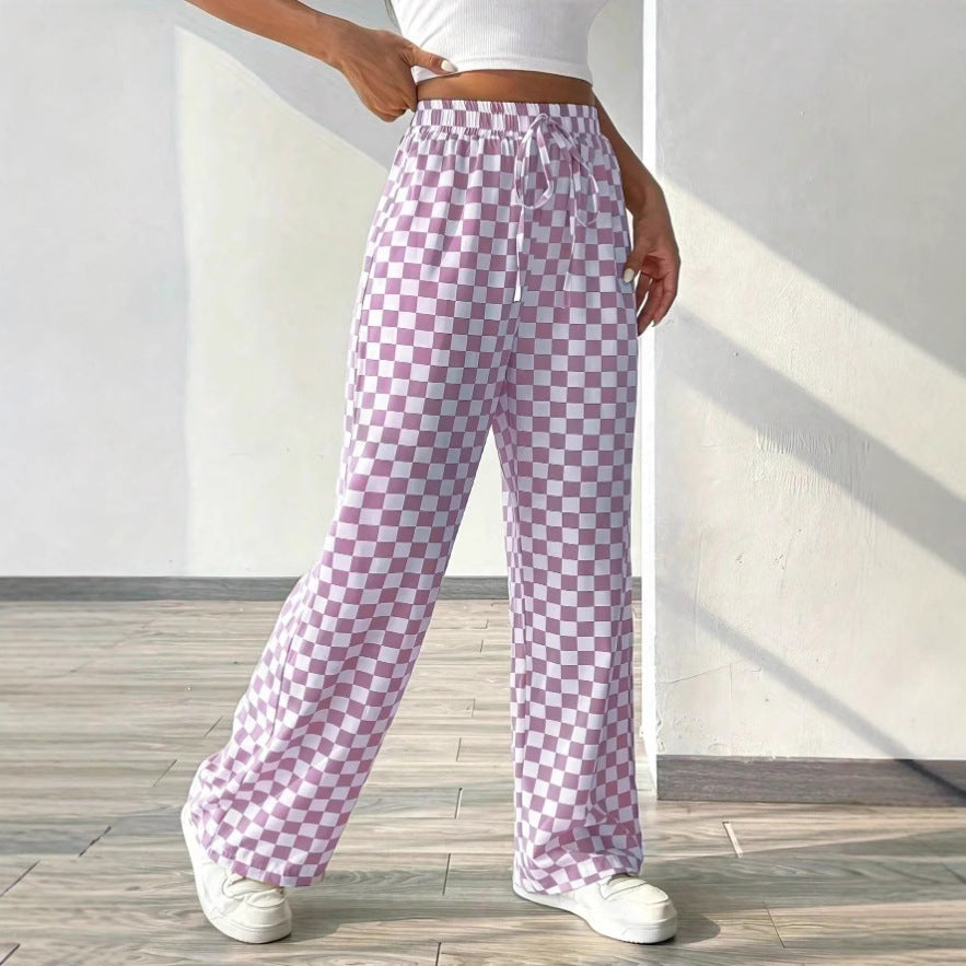 Women’s Wide-Leg Trousers – Relaxed Fit – Checkered Print – Elastic Waist with Drawstring