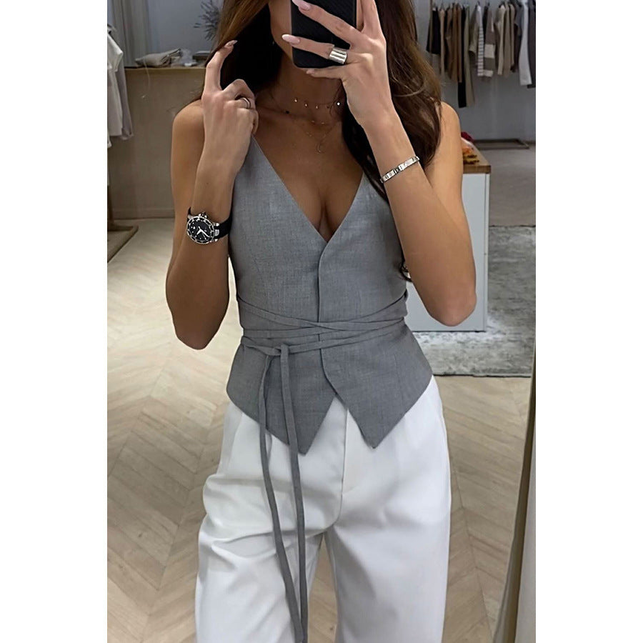 Women’s Vest Top – Tailored Fit – V-Neck – Lace-Up Waist – Linen