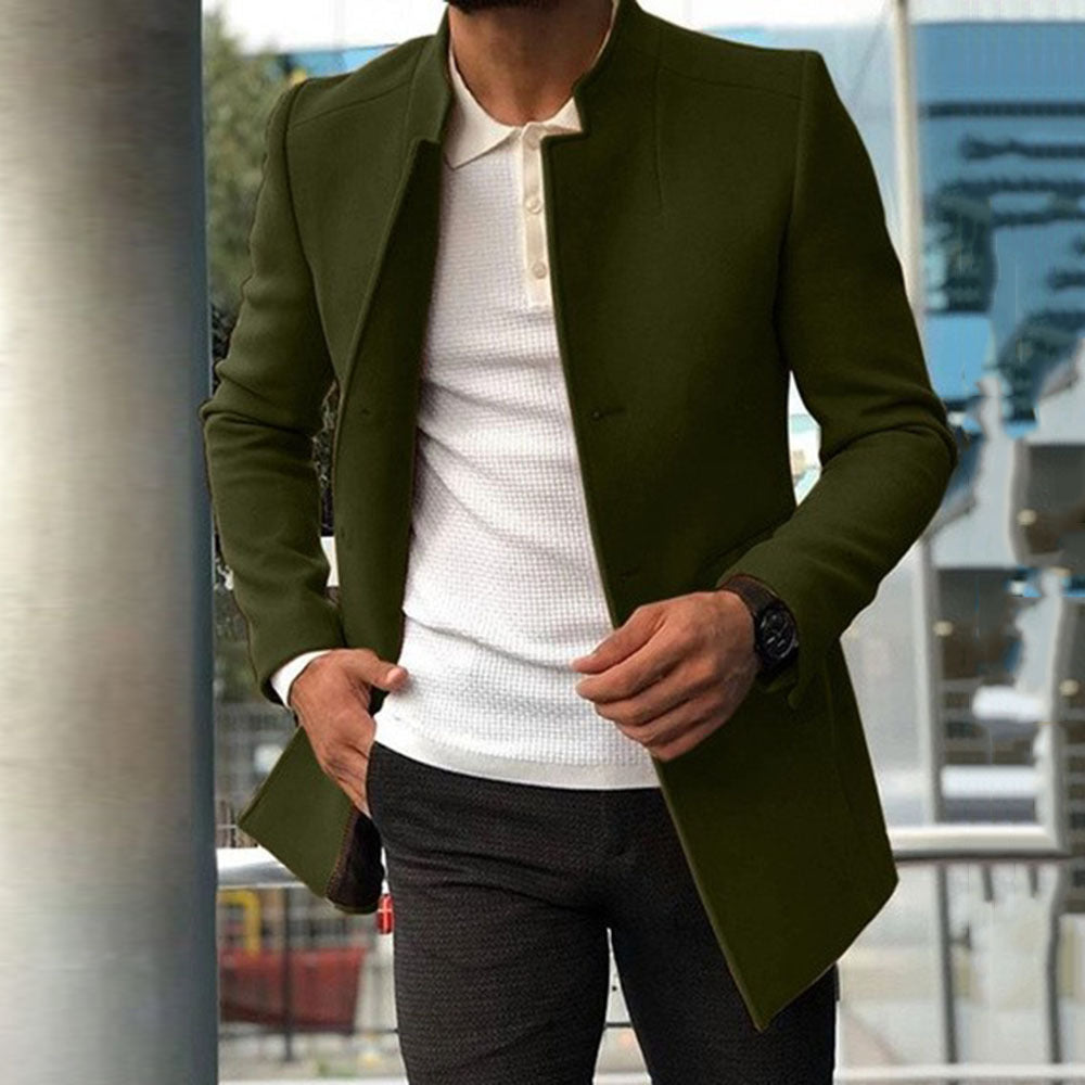 Men’s Overcoat – Slim Fit Wool Blend – Standing Collar – Concealed Placket – Mid Length