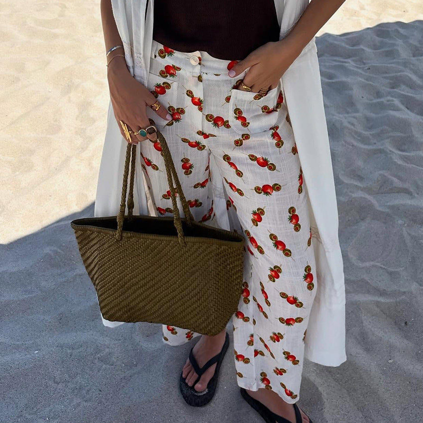 Women’s Straight Leg Trousers – Relaxed Fit – Bold Lobster Print – Breathable Blend
