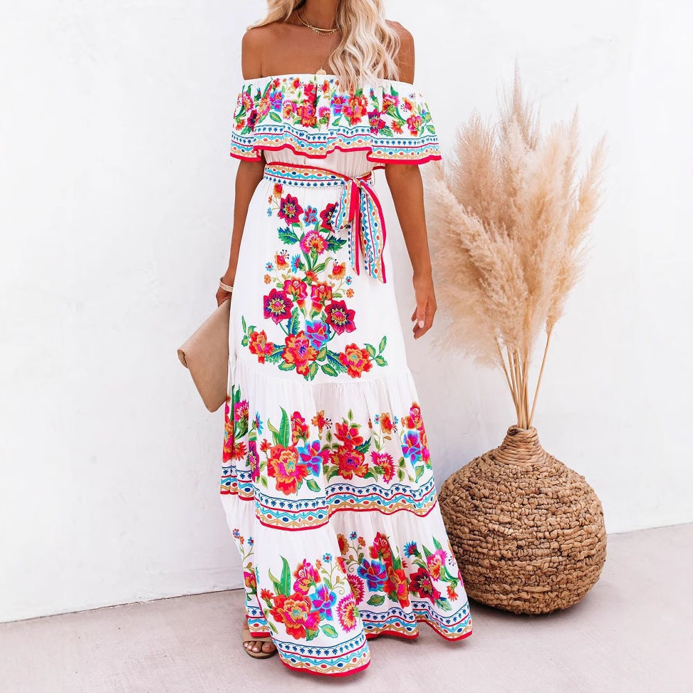 Women’s Maxi Dress – Off-Shoulder Ruffle Top – Floral Print – Cotton Blend – Belted Fit