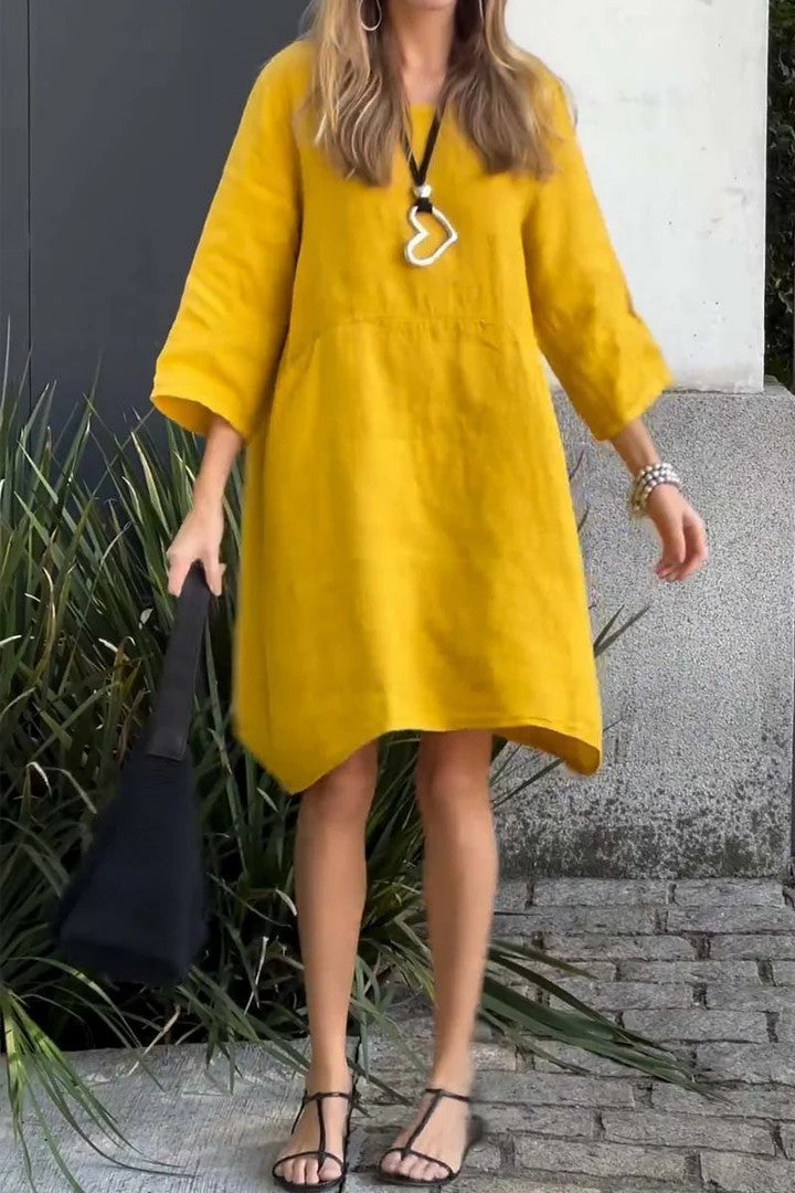 Women’s Dress – Relaxed Fit – Cotton Linen – 3/4 Sleeve – Knee Length – Pockets