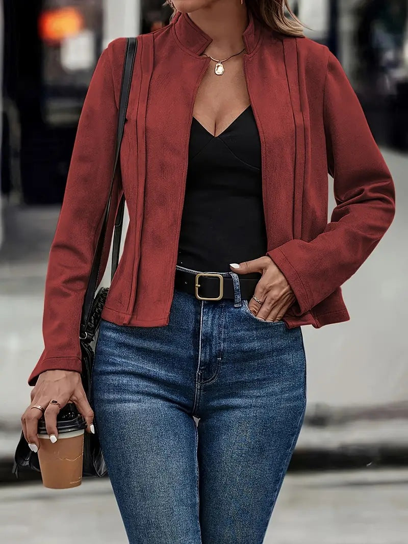 Women’s Short Jacket – Slim Fit – Wool Blend – Stand Collar – Open Front