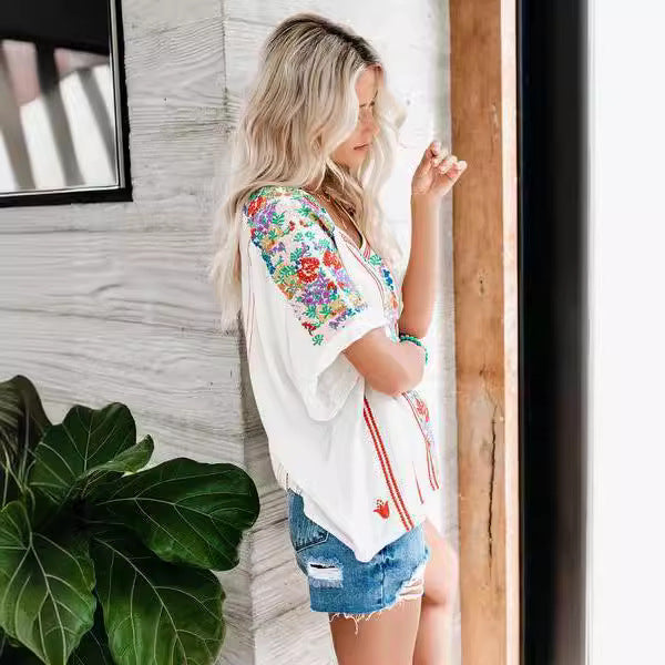Women’s V-Neck T-Shirt – Relaxed Fit – Cotton Blend – Embroidered Floral Design
