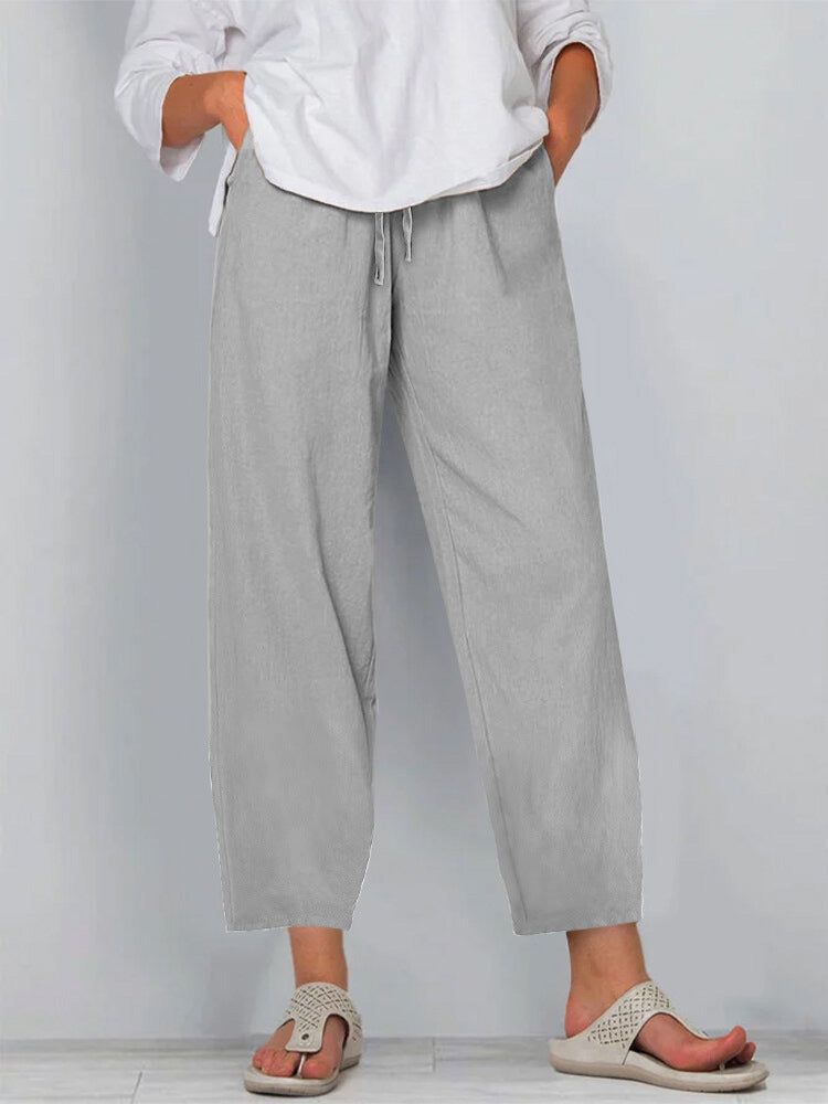 Women’s Wide-Leg Trousers – Relaxed Fit – Cotton Linen – Drawstring Waist – Full Length