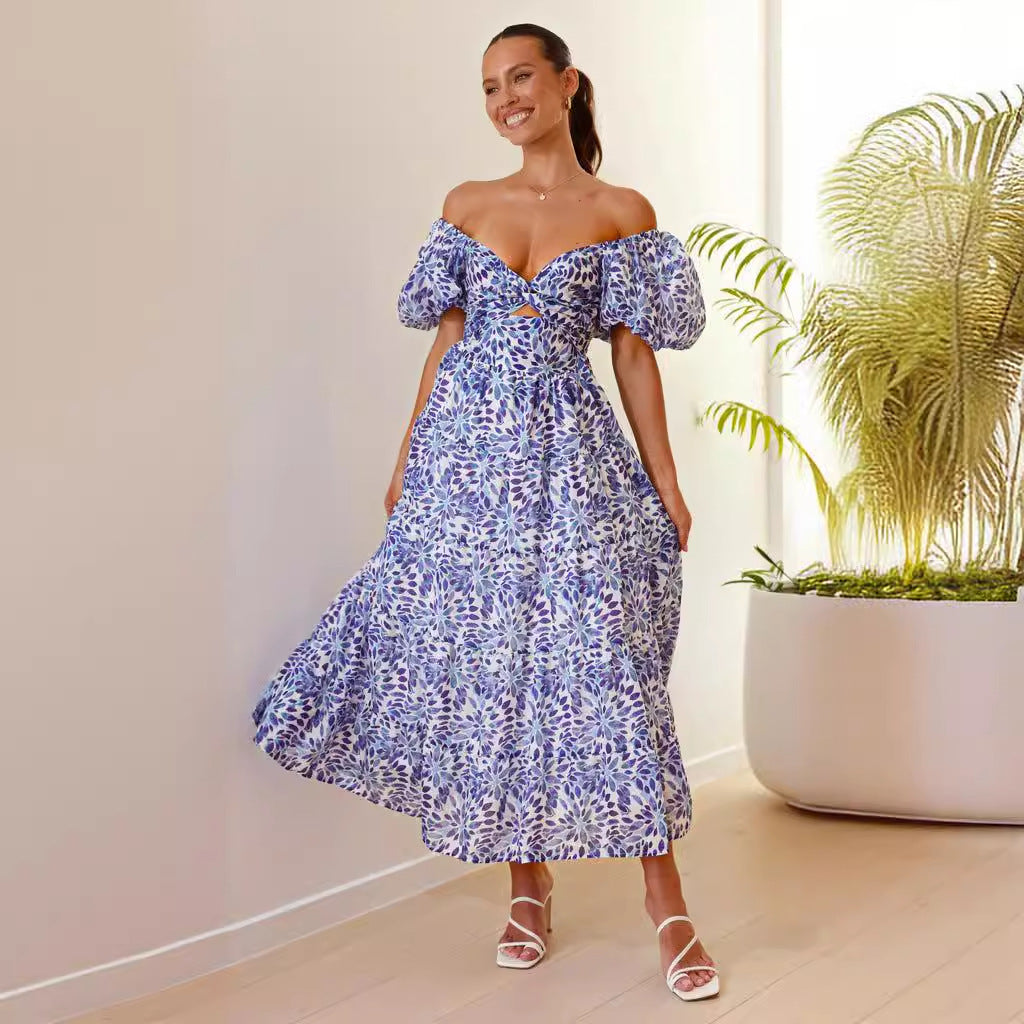 Women’s Maxi Dress – Off-Shoulder – Puff Sleeve – Smocked Waist – Lightweight Printed