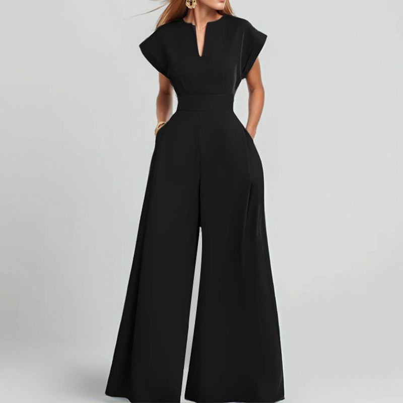 Women’s Jumpsuit – Lightweight Fabric – V-Neck – Short Sleeve – Wide Leg – Full Length