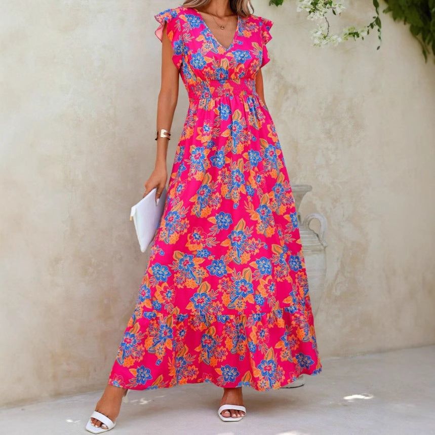 Women’s Maxi Dress – Sleeveless – V-Neck – Floral Print – Tiered Hem – Relaxed Fit