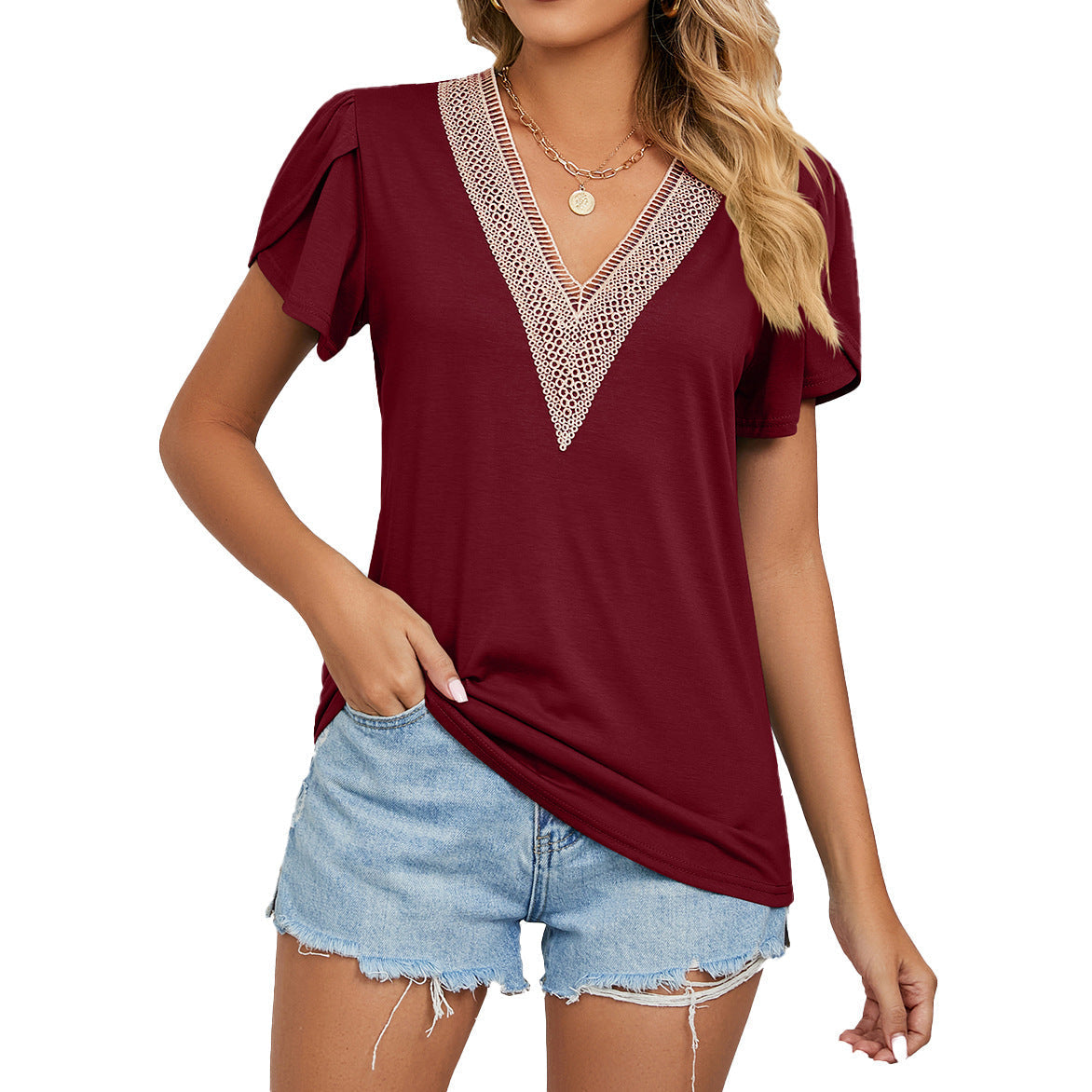 Women’s Short Sleeve Shirt – Relaxed Fit – V-Neck Lace Trim – Soft Breathable Blend