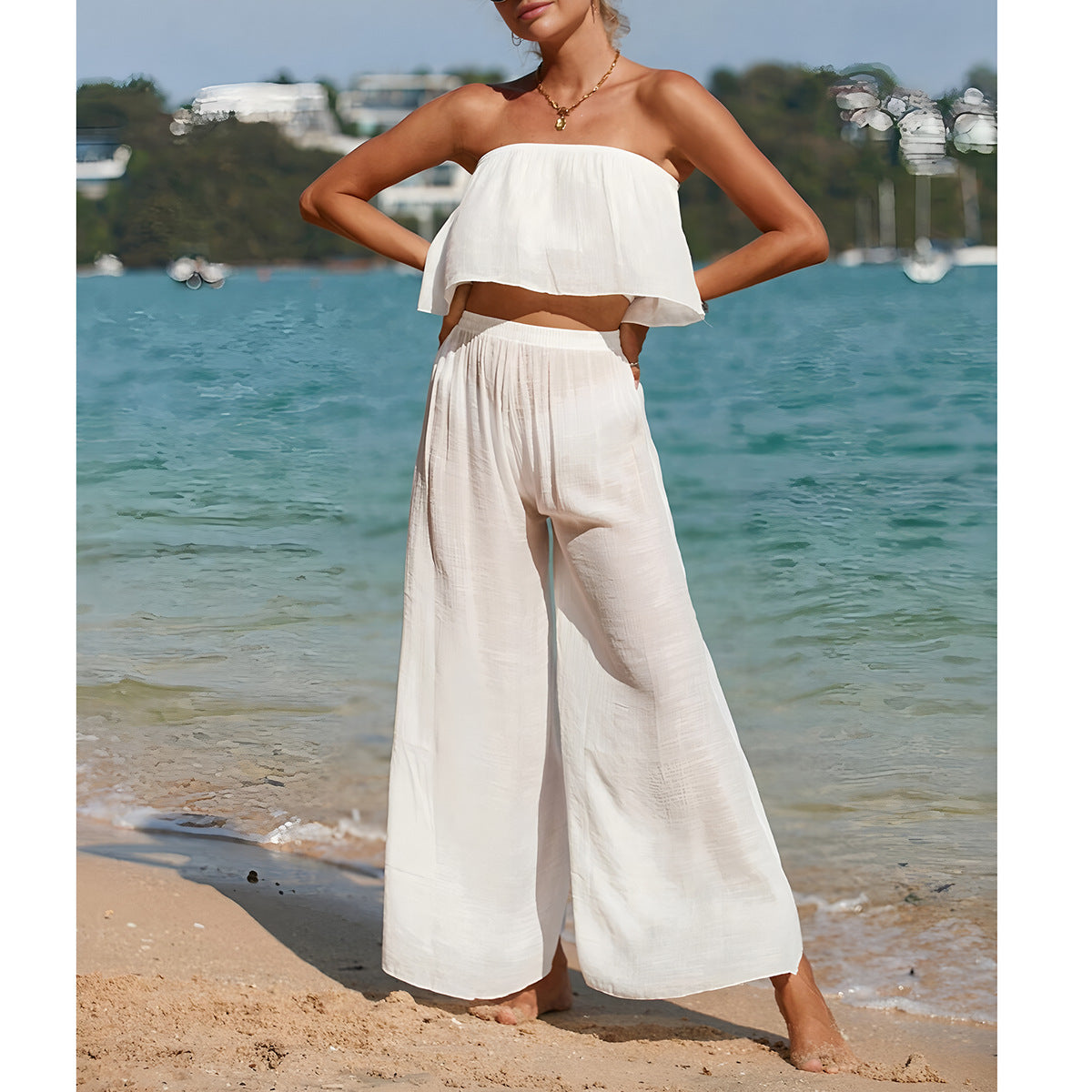 Women’s Two Piece Set – Strapless Crop Top – Wide Leg Trousers – Lightweight Breathable Fit