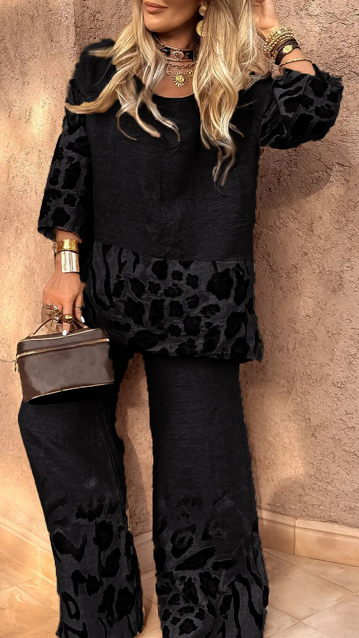 Women’s Matching Set – Relaxed Fit Top & Wide-Leg Trousers – Linen Patterned Trim