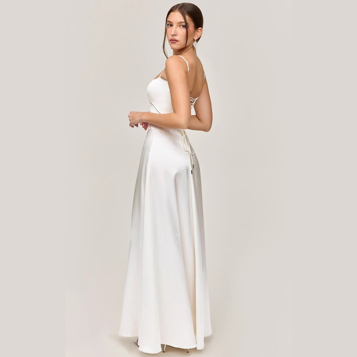 Women’s Midi Dress – Slim Fit – Satin Feel – Lace Panel – A-Line – Spaghetti Strap