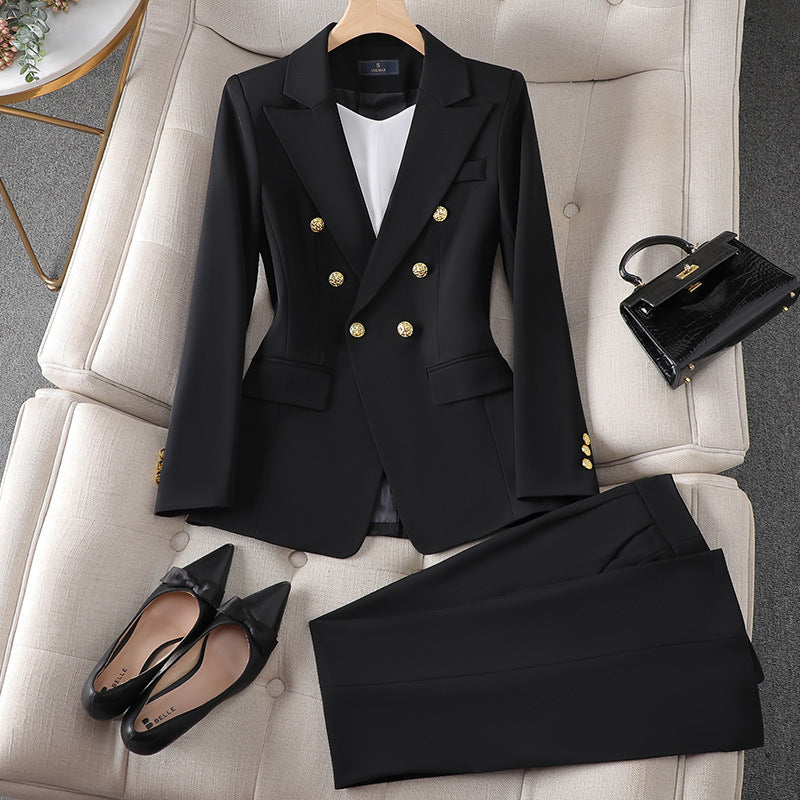 Women’s Suit Set – Tailored Fit – Double-Breasted – Gold Buttons – Structured Design