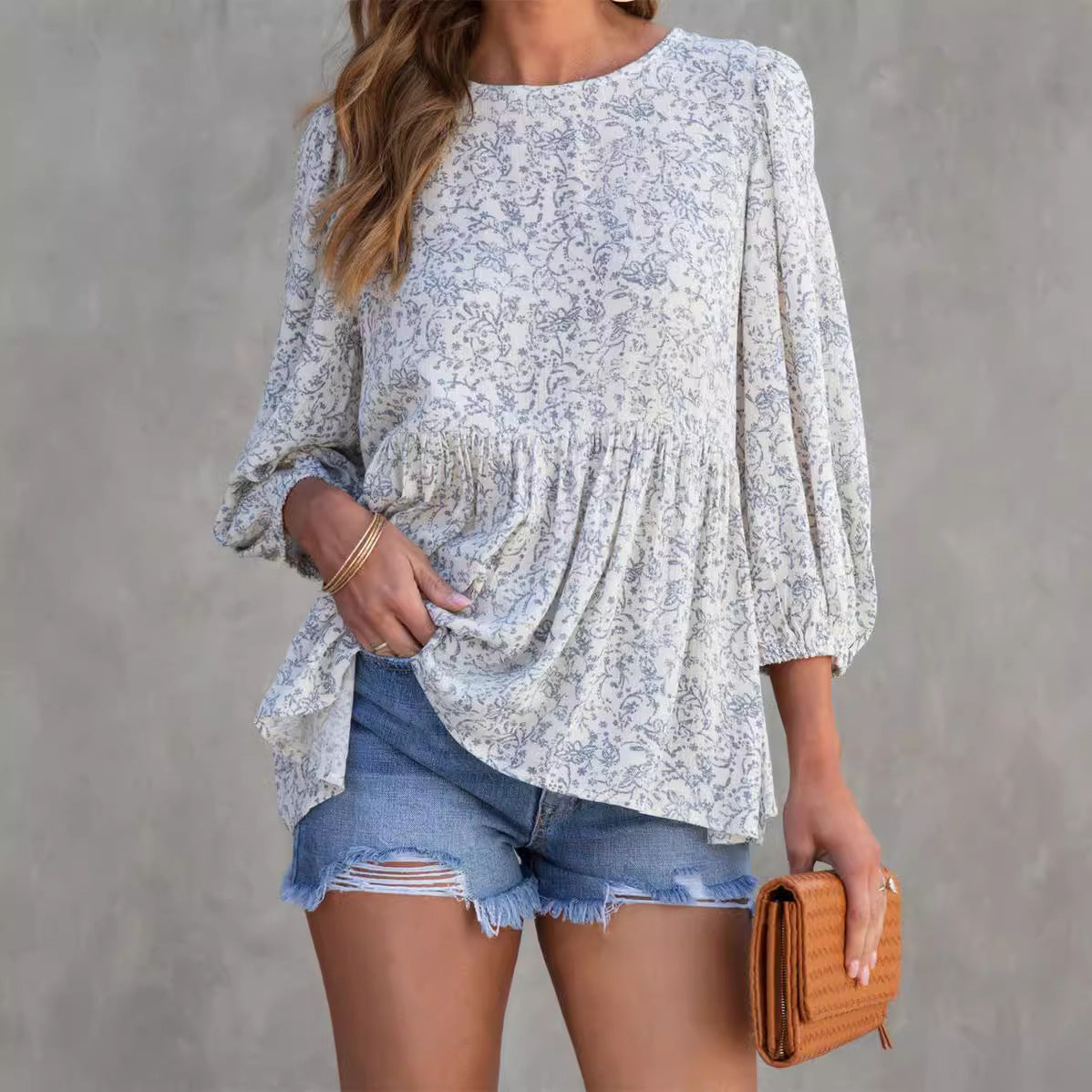 Women’s Blouse – Lightweight Cotton – Floral Print – Lantern Sleeve – Relaxed Fit