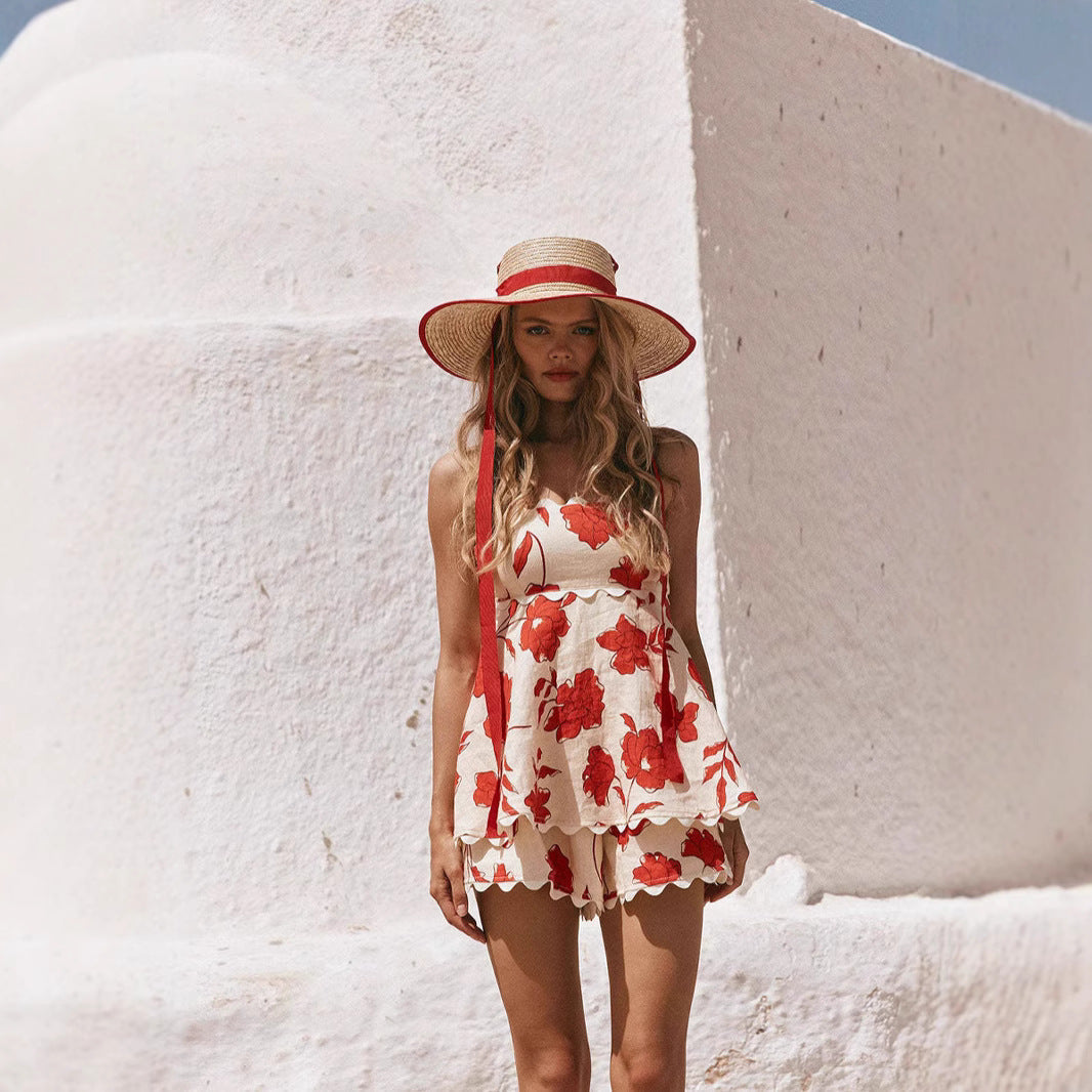Women’s Two-Piece Set – Linen – Cropped Top & Mini Shorts – Floral Print – Lace Trim