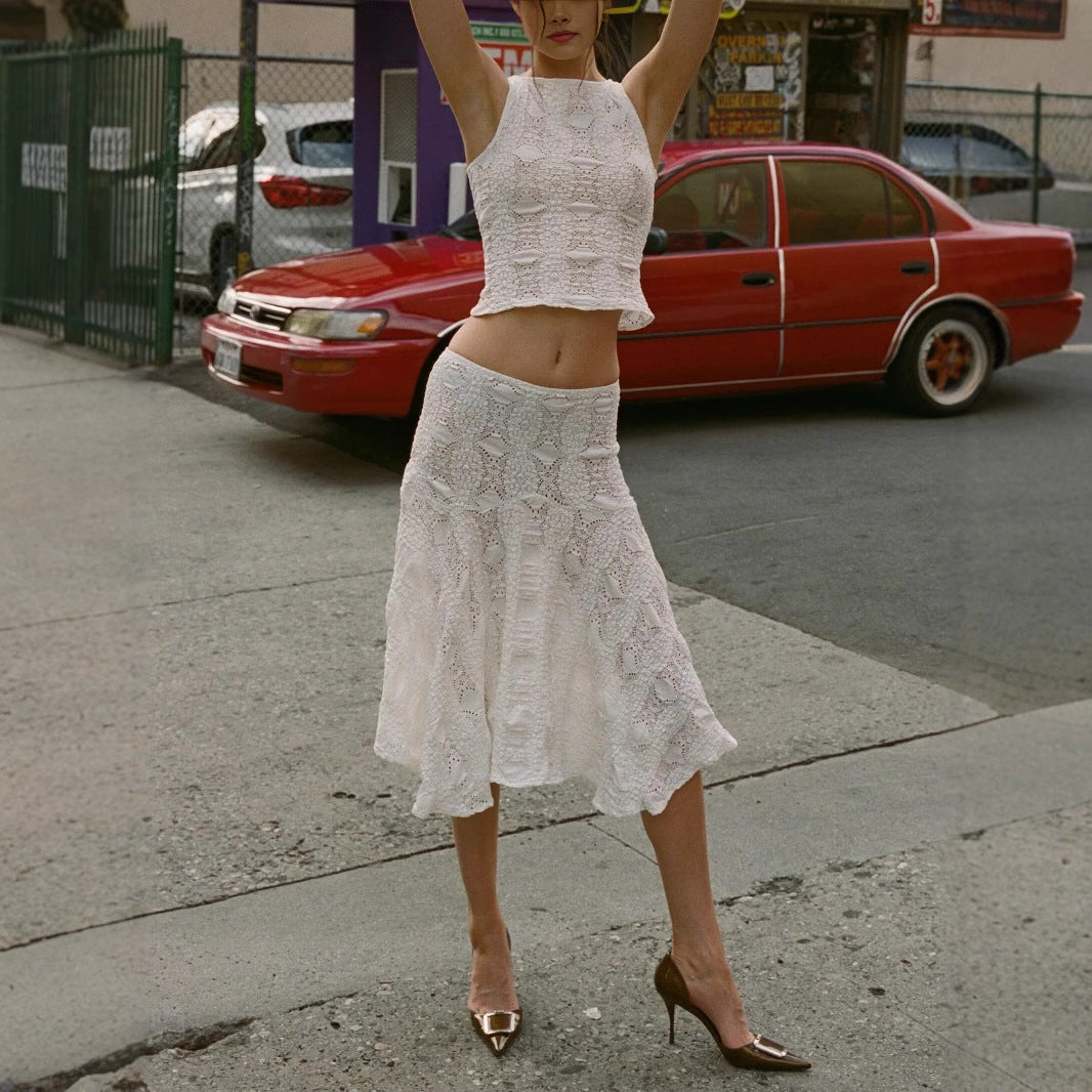 Women’s Two-Piece Set – Textured Crochet Look – Sleeveless Crop Top – A-Line Midi Skirt