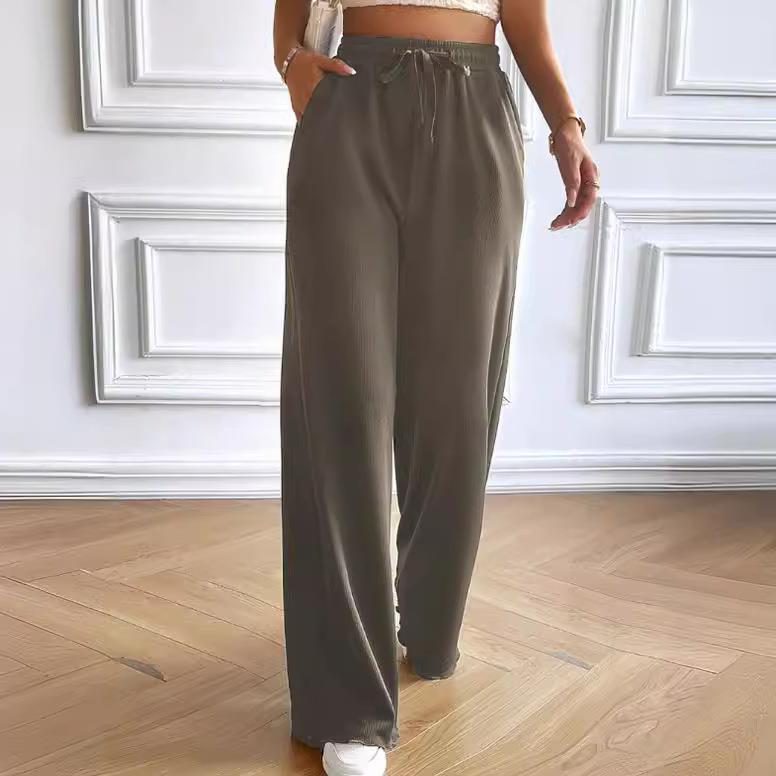 Women’s Wide-Leg Trousers – Lightweight Cotton Blend – Relaxed Fit – Drawstring Waist