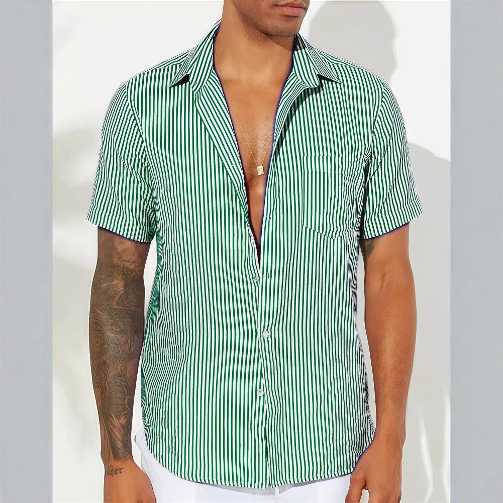 Men’s Casual Shirt – Relaxed Fit – Short Sleeve – Vertical Stripes
