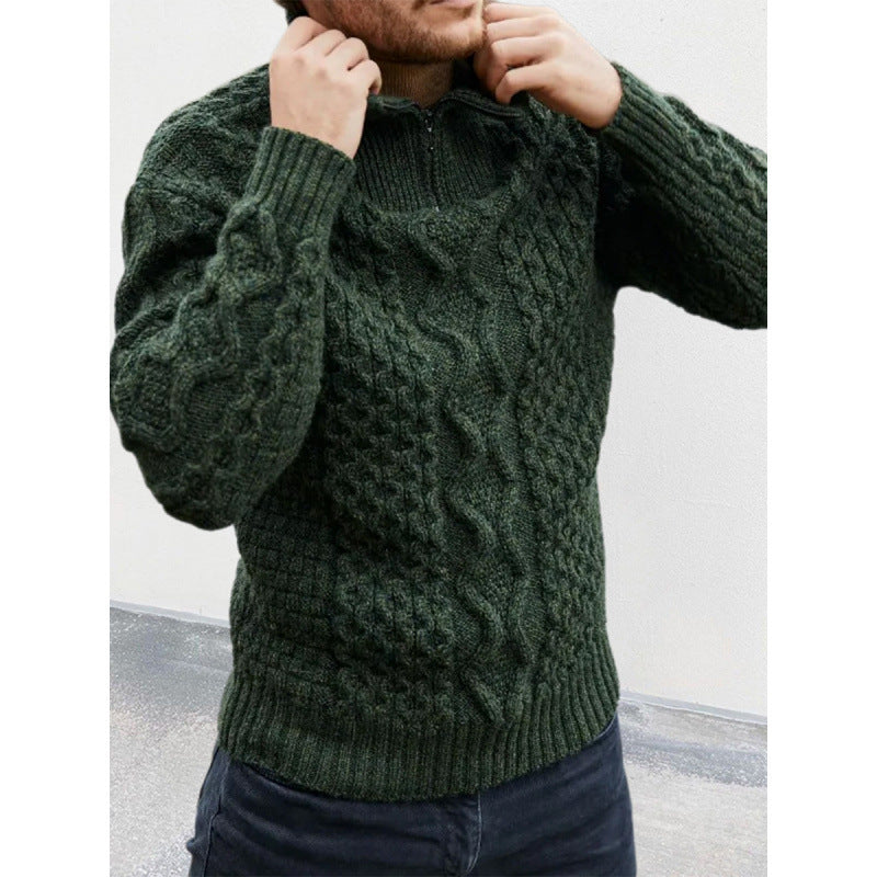 Men’s Knit Sweater – Cable Knit – High Neck Zip – Regular Fit – Ribbed Hem Cuffs