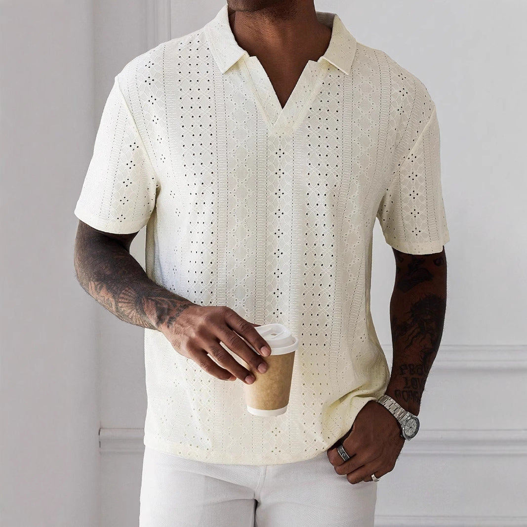 Men’s Knit T-Shirt – Relaxed Fit – Jacquard Lace – V-Neck – Short Sleeve Breathable
