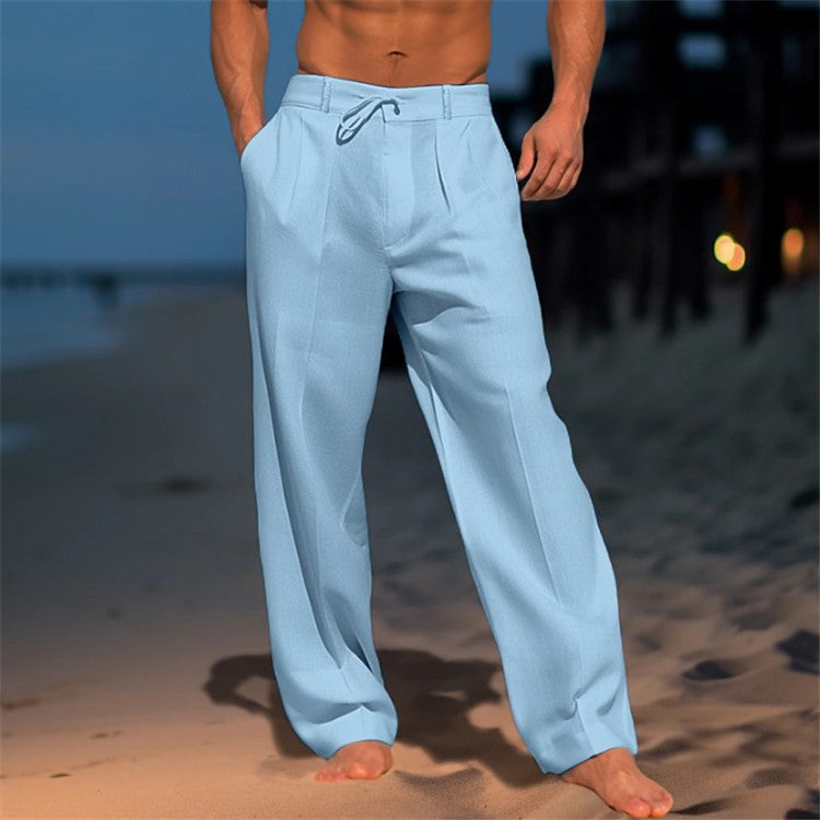 Men’s Linen Trousers – Relaxed Fit – Drawstring Waist – Pleated Front – Full Length