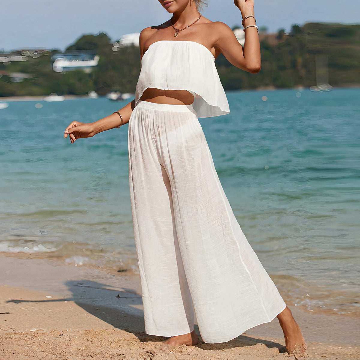 Women’s Two Piece Set – Strapless Crop Top – Wide Leg Trousers – Lightweight Breathable Fit