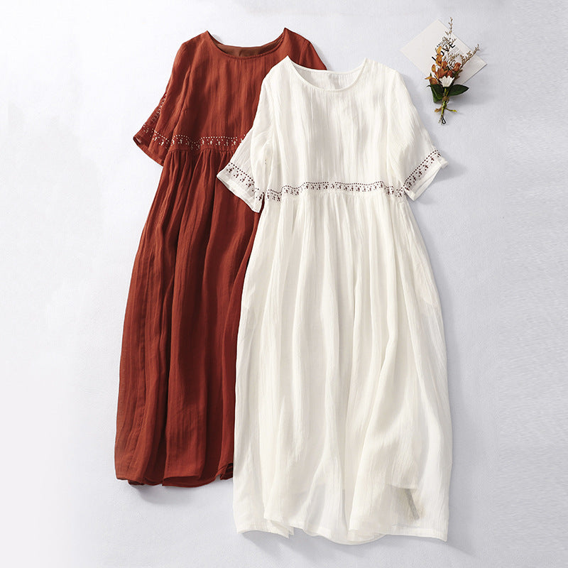 Women’s Maxi Dress – Relaxed Fit – Cotton – Short Sleeve – Lace Waist Detail