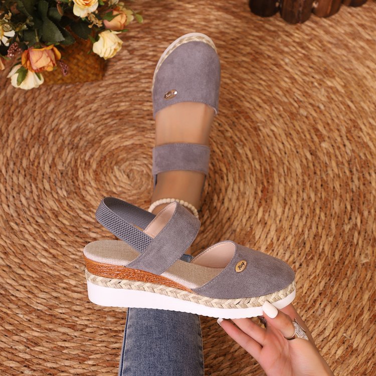 Women’s Wedge Sandals – Closed Toe – Suede-Like Upper – Jute Heel – Wide Straps