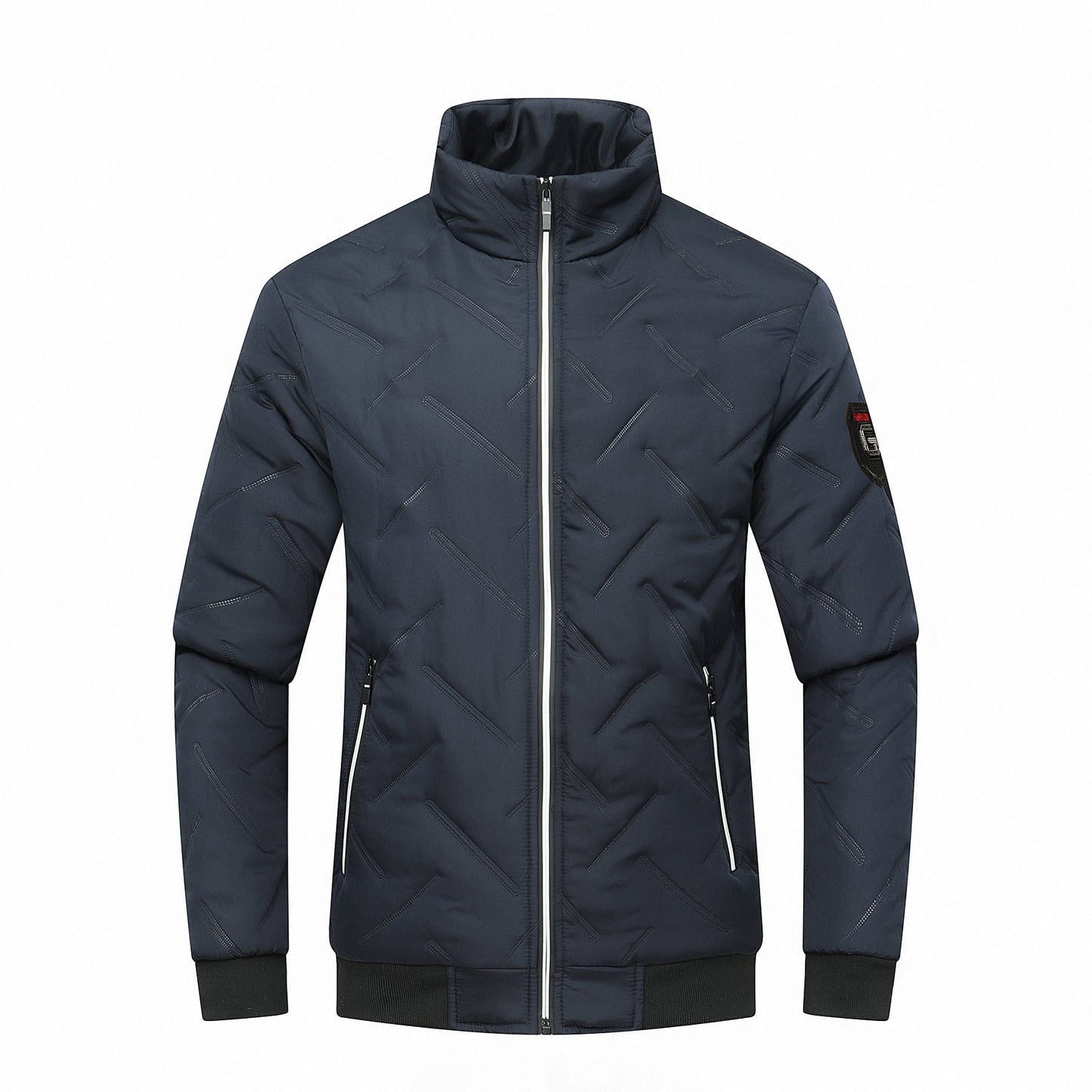 Men’s Quilted Jacket – Slim Fit – Chevron Pattern – Stand Collar – Zippered Pockets