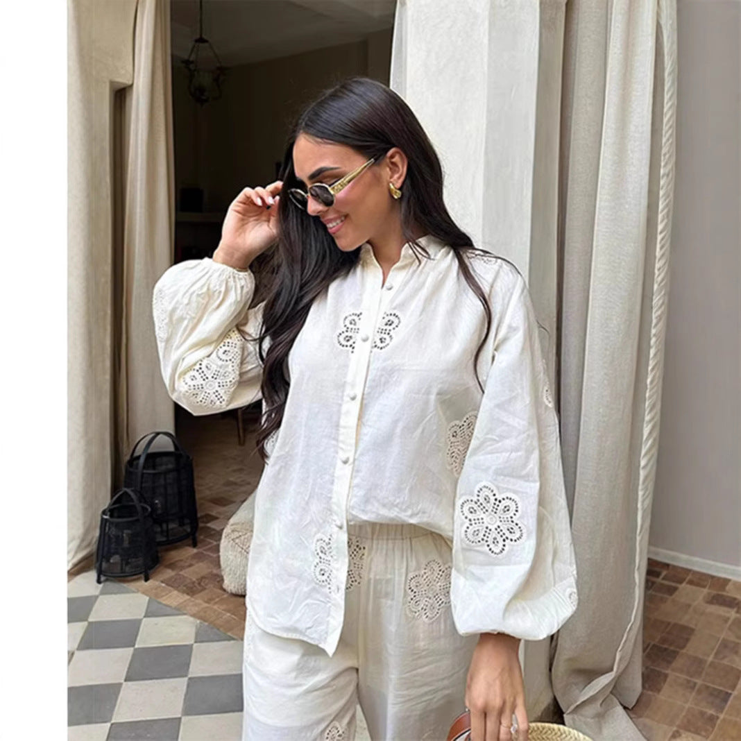 Women’s Blouse – Lightweight Cotton Blend – Relaxed Fit – Balloon Sleeves – Cut-Out Details