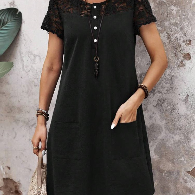 Women's Short Sleeve Dress - Lace Yoke - Buttoned Front - Casual Style
