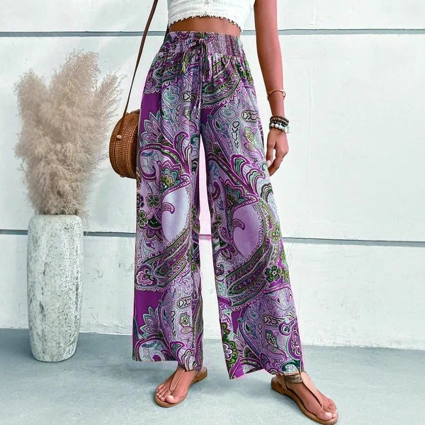 Women’s Wide-Leg Trousers – Bohemian Print – High Waist Tie Belt – Flowy Fit