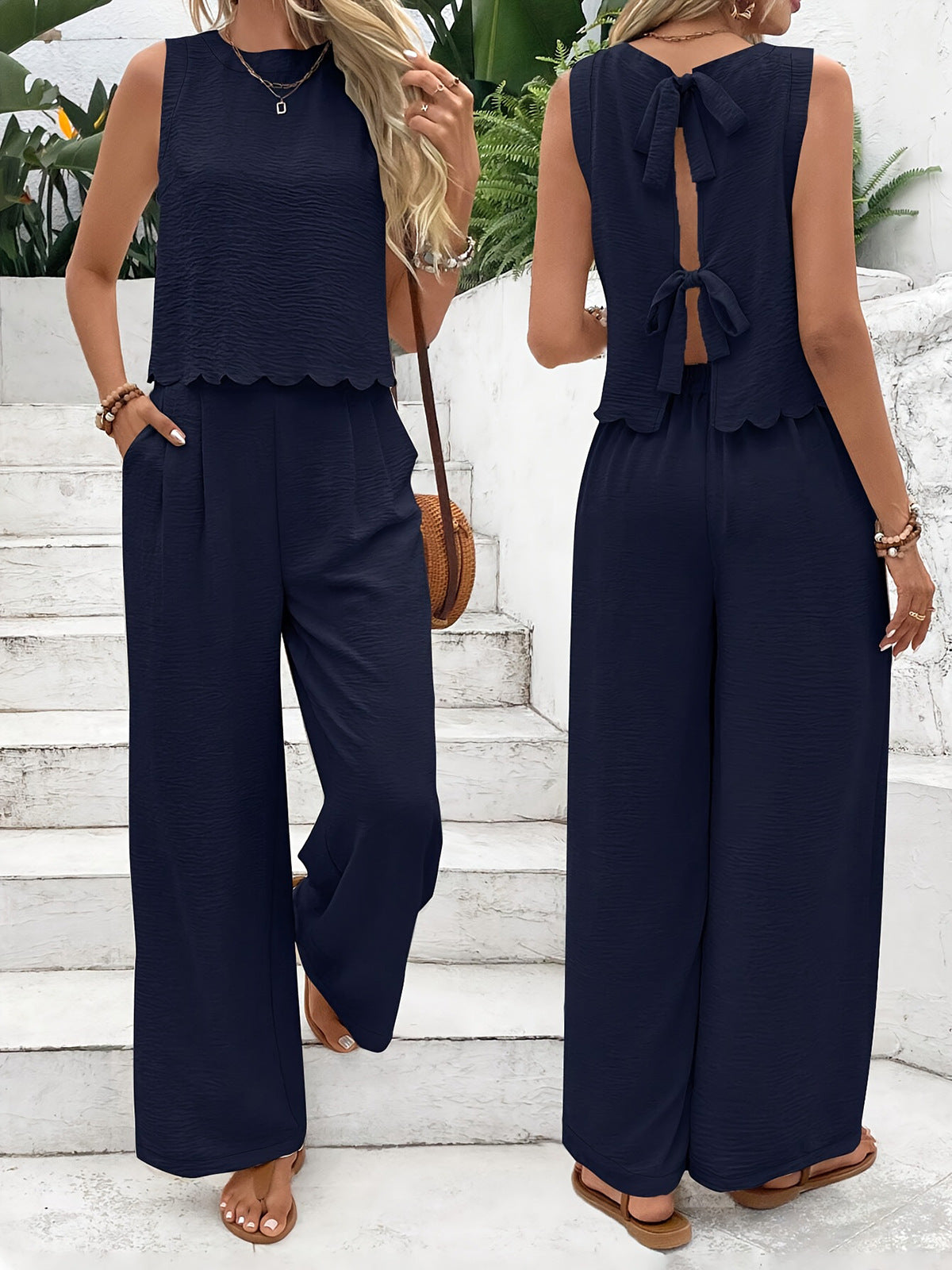 Women’s Co-Ord Set – Sleeveless Cropped Top – High Waist Wide-Leg Trousers – Relaxed Fit