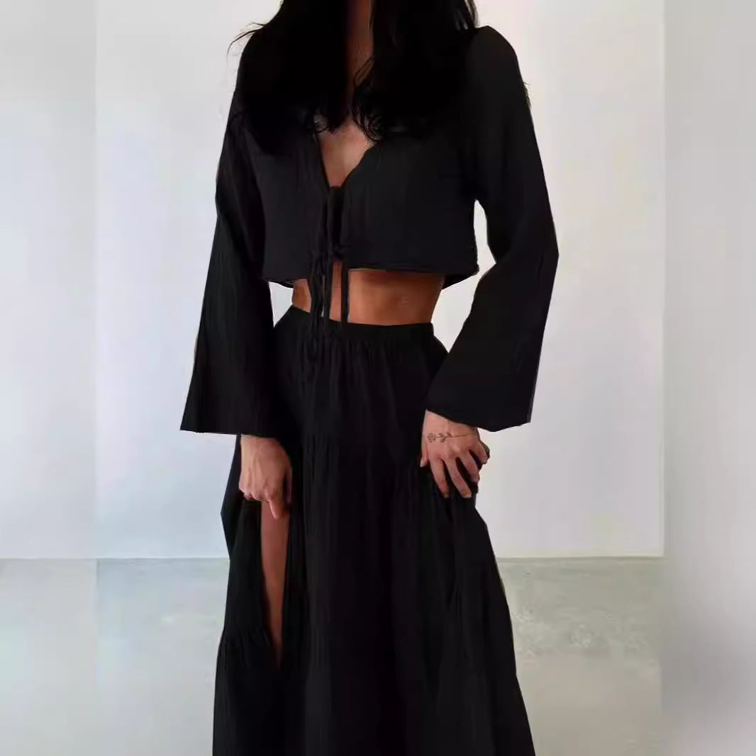 Women’s Two-Piece Set – Cotton Linen – Cropped Tie-Front Cardigan – High-Slit Skirt