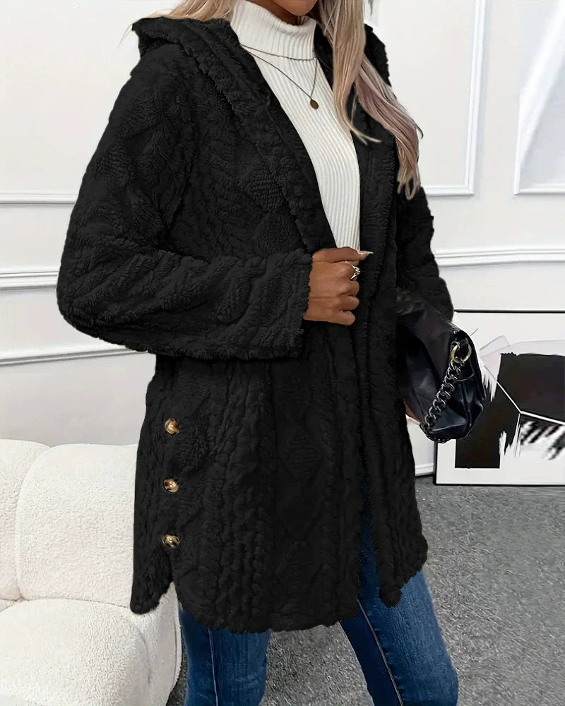 Women’s Plush Jacket – Relaxed Fit – Hooded – Long Sleeve – Button Side Slits